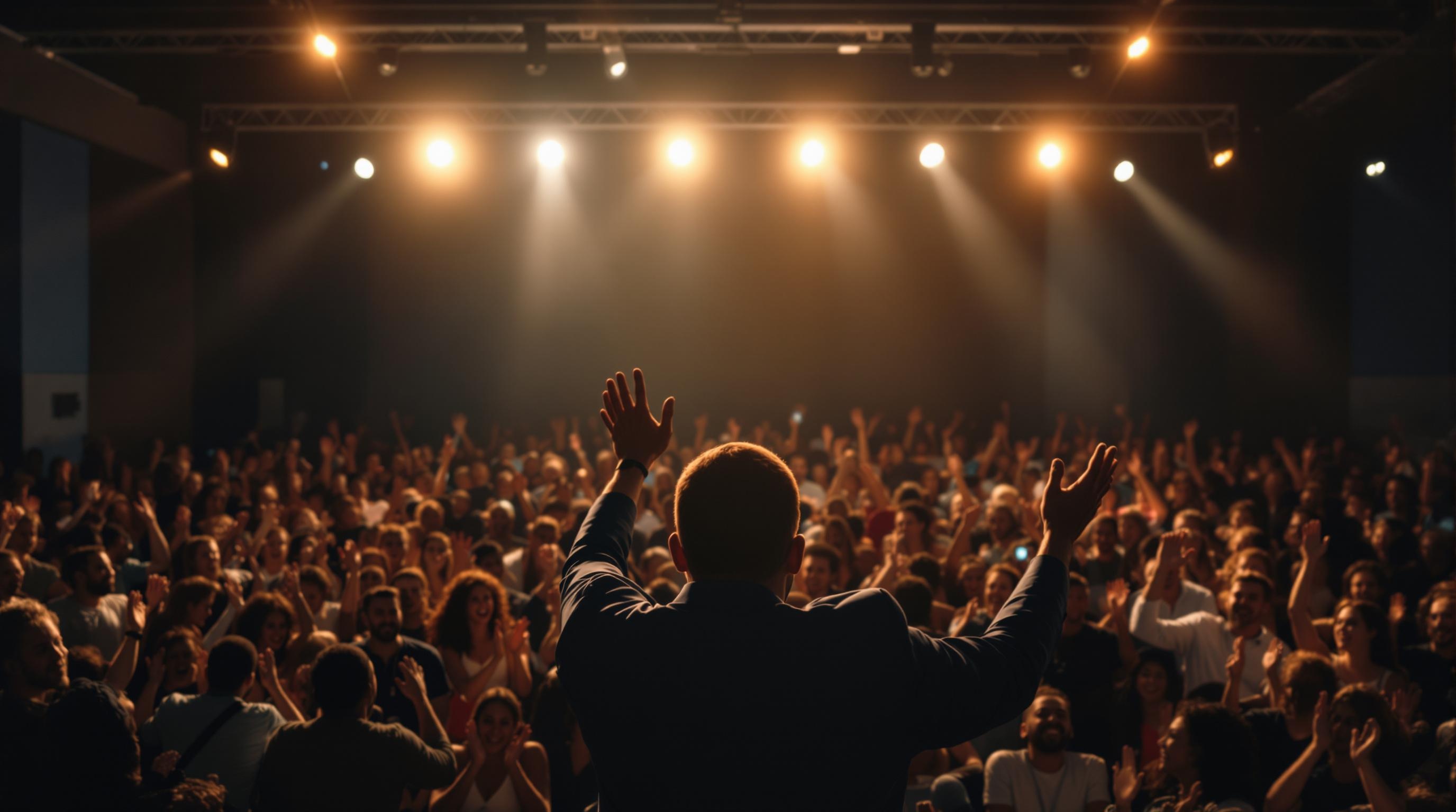 Audience clapping and engaging with motivational speaker at Holguin Trades event